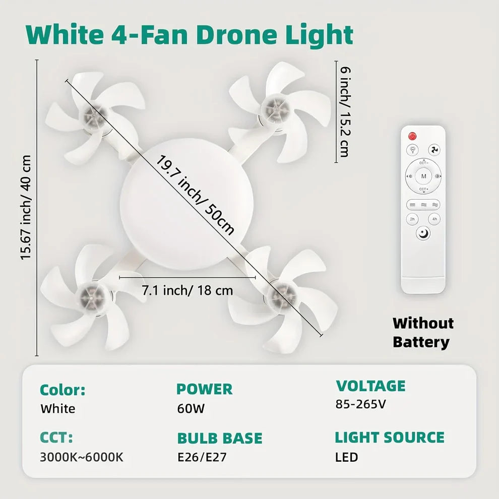 Socket Fan Light with Remote Control, E27 Screw-in, 3 Color Temperatures, 3 Wind Speeds, 4 Head